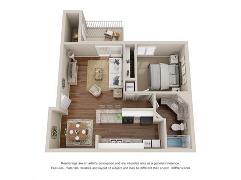 Floor plan for 1 bed, 1 bath, 760 sqft